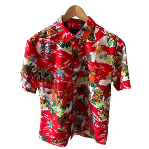 Leisurely Place Hawaiian Christmas Santa Reindeer Tiki Button Down S/S Shirt M